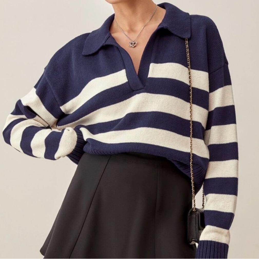 Reformation Sweater S Navy Ivory Francesco Organic Cotton Nautical Preppy *Read